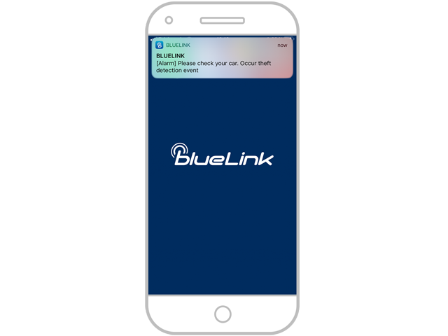 Snímek obrazovky s oznámením aplikace Hyundai Bluelink na iPhonu: upozornění na aktivovaný alarm