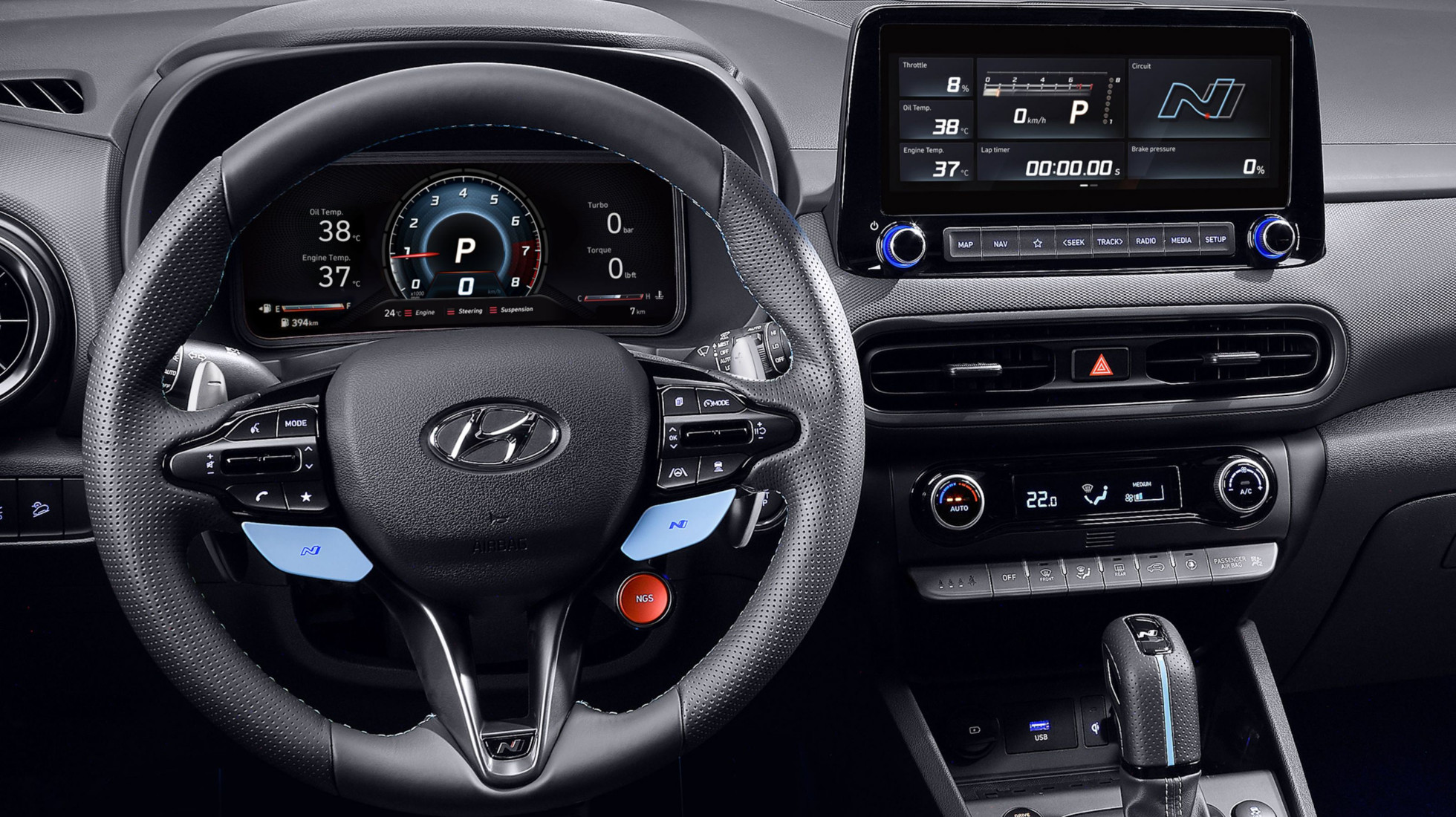 Leather steering wheel with the N Grin Shift button inside the Hyundai KONA N hot SUV.